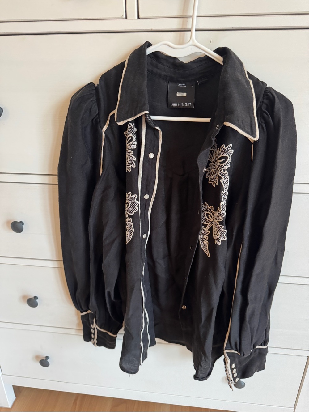 C/MEO Collective Black Blouse with Cream Piping and Embroidered Floral Panels - Picture 7 of 8